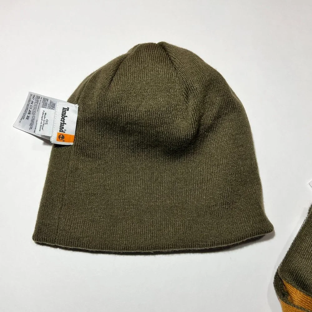 Timberland Beanie Hat Scarf Set Reversible Tan Green One Size Unisex Winter